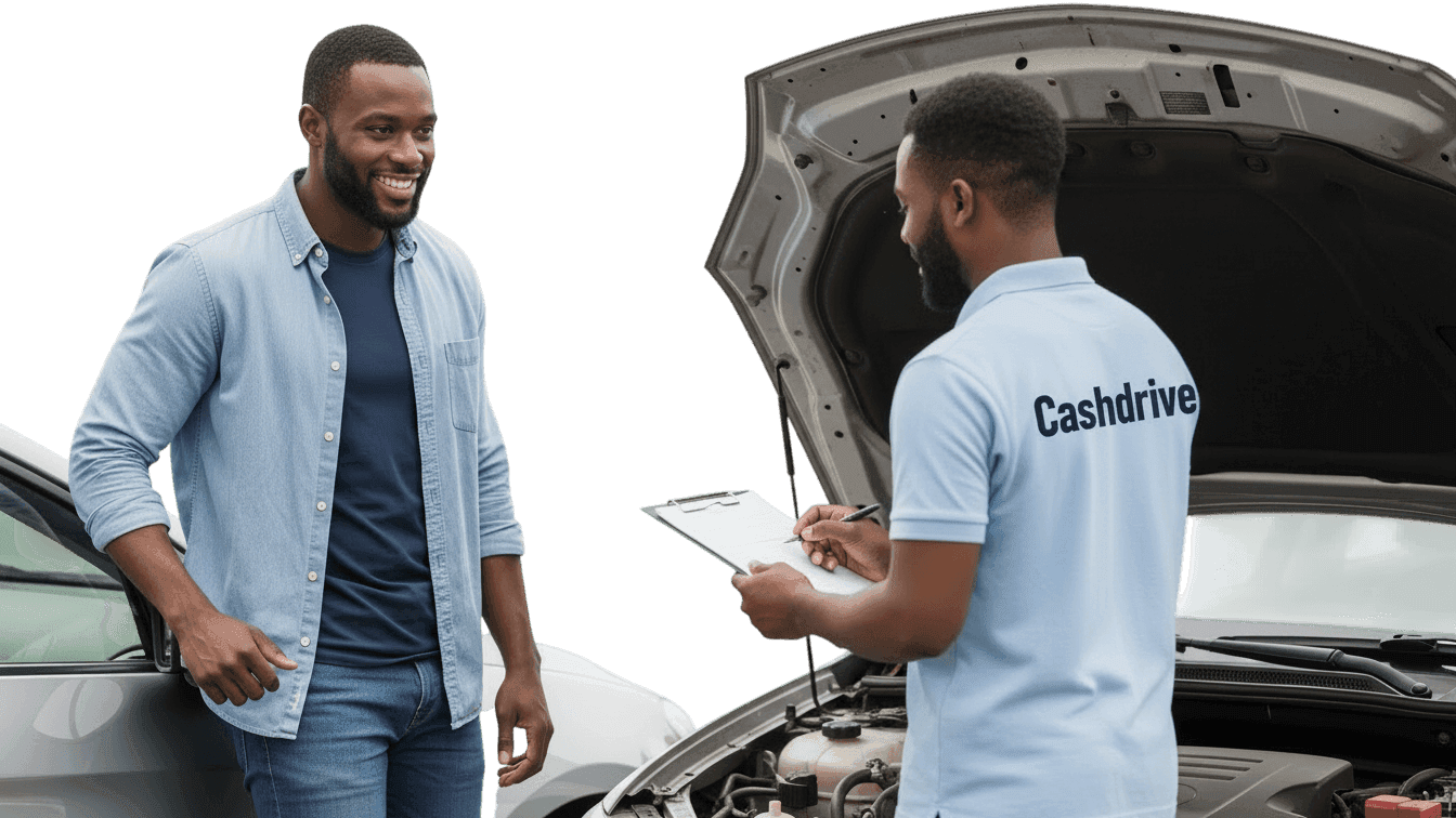 CashDrive staff inspecting car with owner